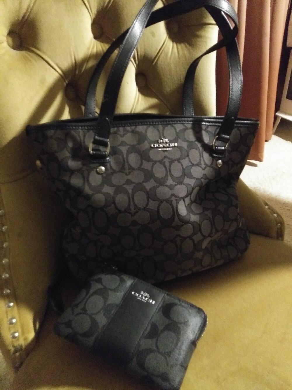 Coach Black & Gray Signature Canvas Tote with matching Coach Black Wristlet